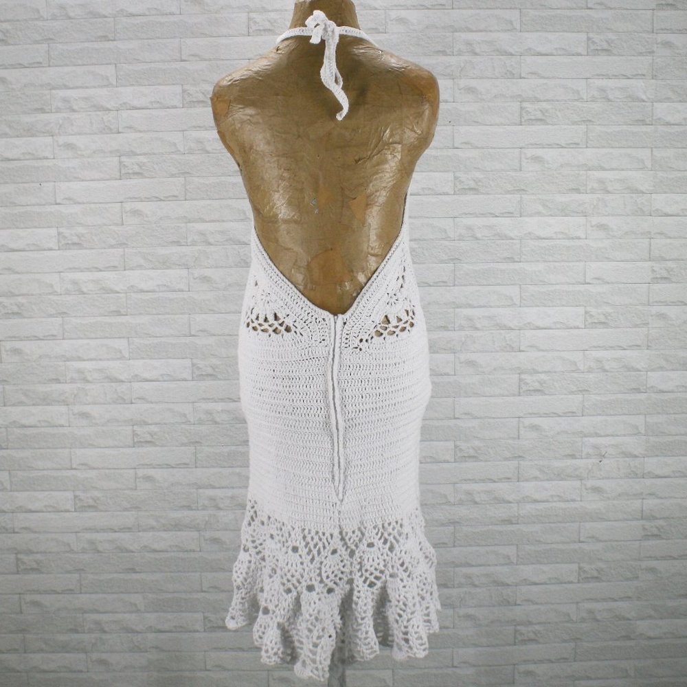 HAND CRAFTED Crochet Dress Halter White Cotton Wedding Coastal Cowgirl Bridal - Picture 8 of 16